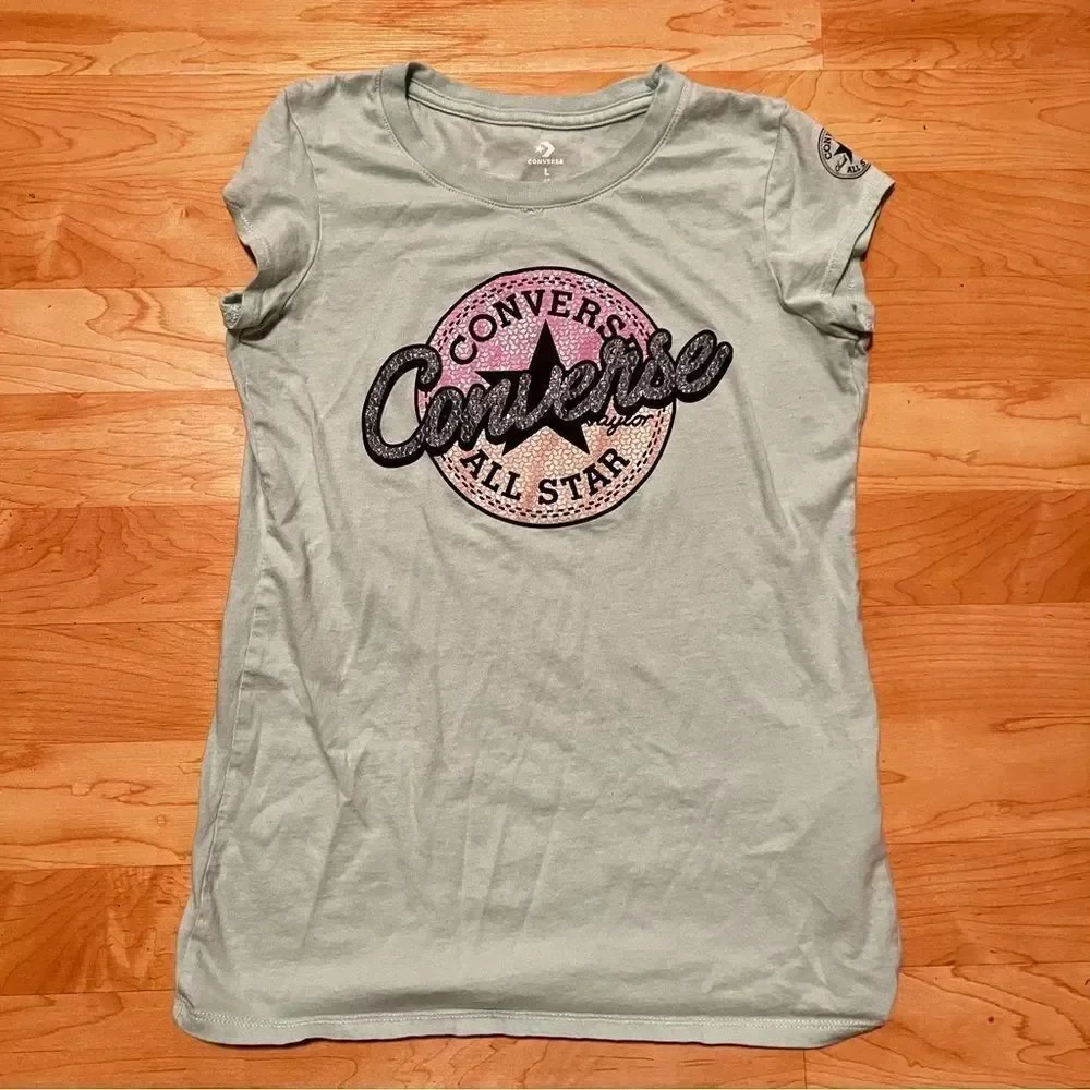 Converse All Star Blue Glitter Graphic Tee Shirt Girls Large